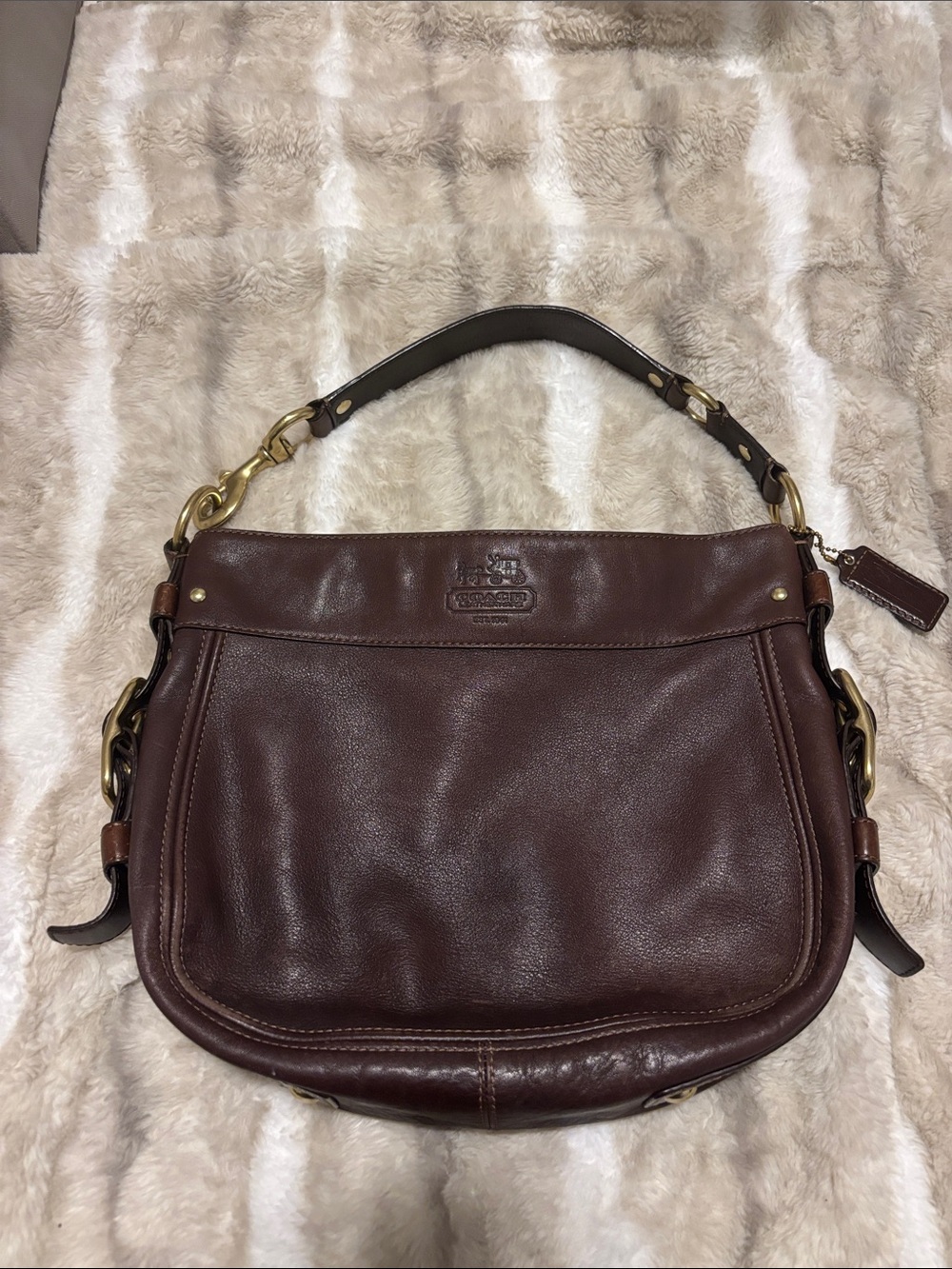 Coach Dark Brown Leather Shoulder Bag with Brass Hardware